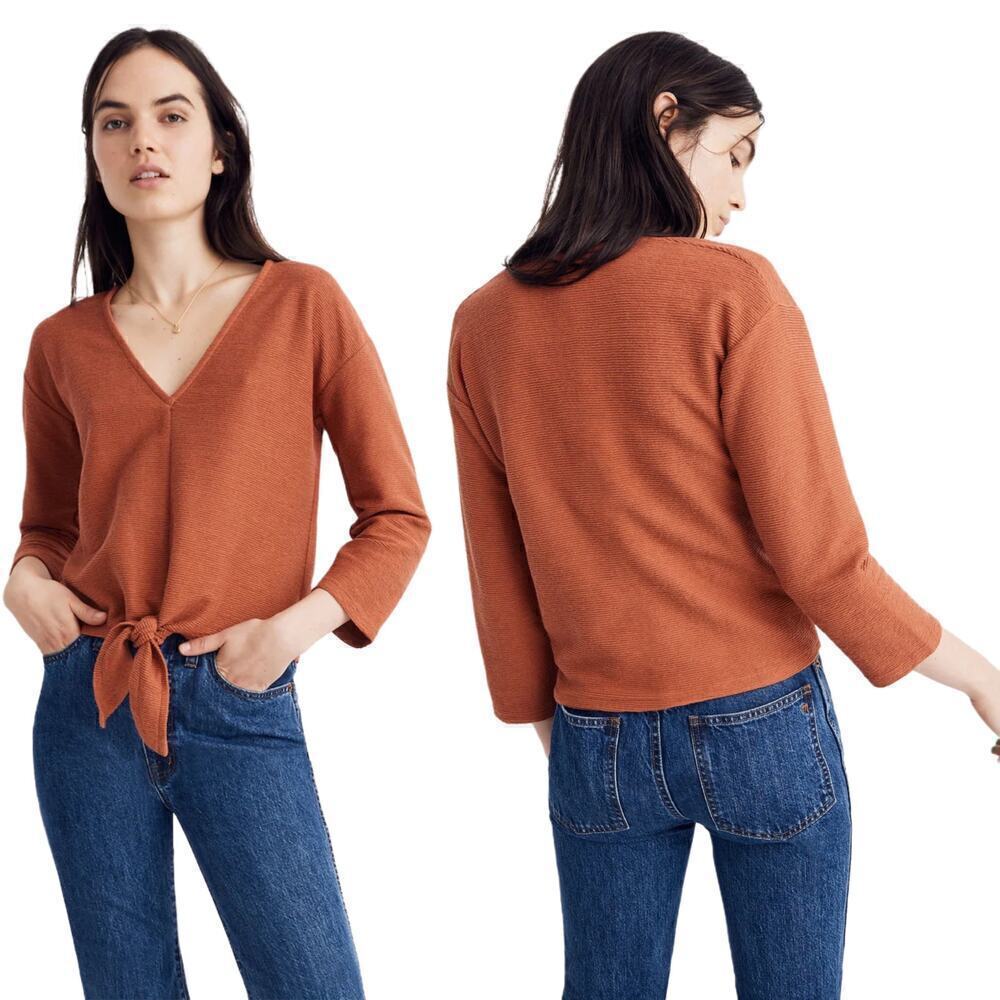 Madewell Long-Sleeve Tie-Front Top Ribbed Size Medium Afterglow Red Casual